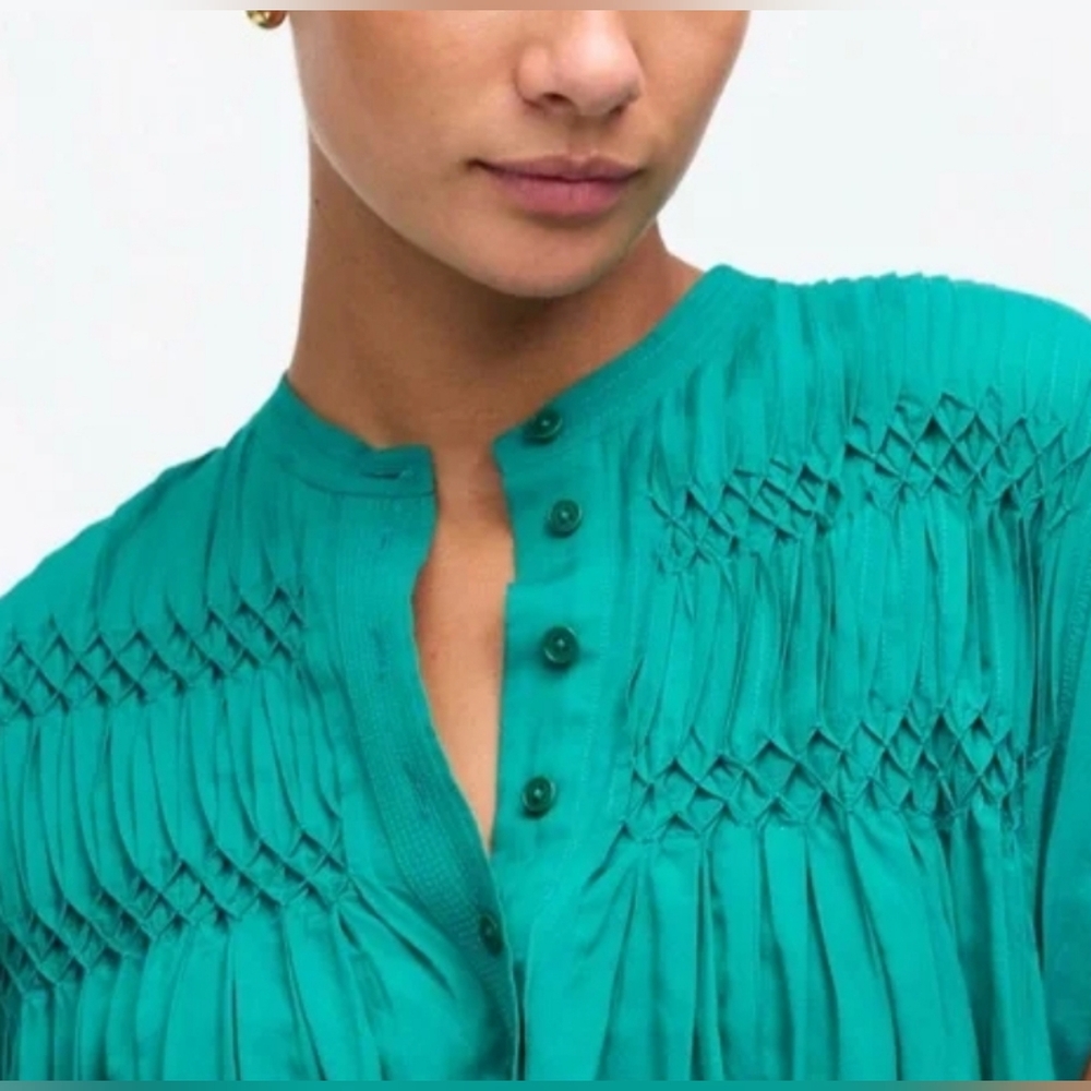 NWT $138 Madewell Embroidered Pleated Green Mini Short Sleeve Dress Womens XS - Picture 4 of 11